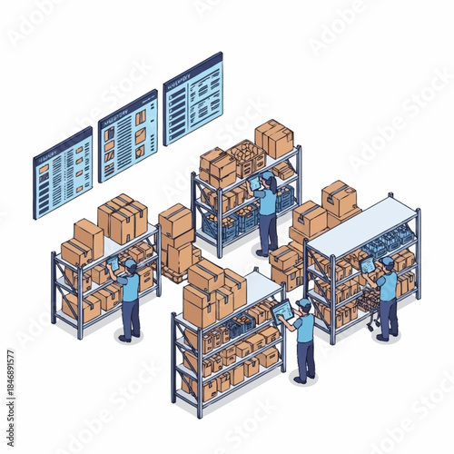 Warehouse workers organizing inventory and checking stock on shelves.
