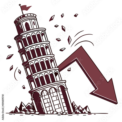 Collapsing Pisa tower with falling debris and large downward arrow