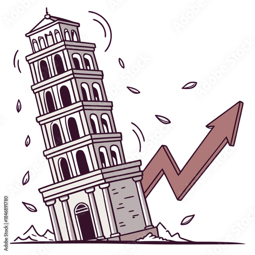 Leaning Tower of Pisa collapsing beside rising arrow