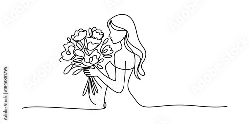 Elegant woman holding a floral bouquet in a continuous minimalist line art style Vector, illustration