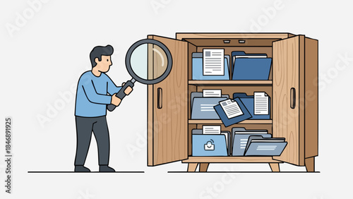 Man searching through documents in a file cabinet with a magnifying glass on a simple background for digital illustration needs