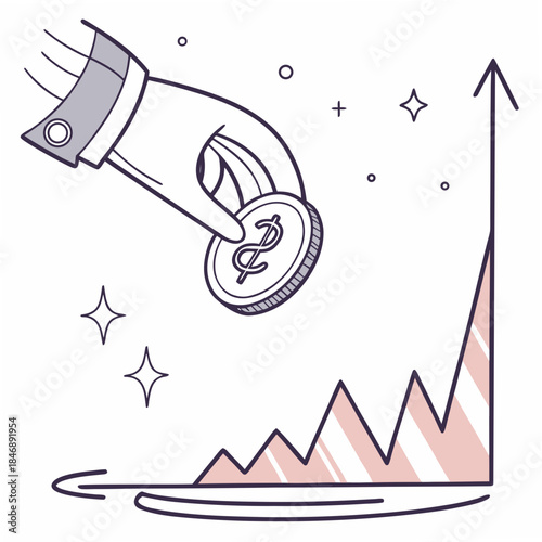 Coin gently falling onto sparkling surface beside graph