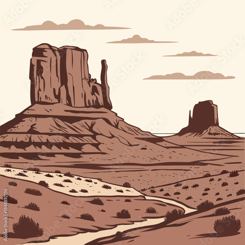 Desert landscape with towering buttes and stream rock formations