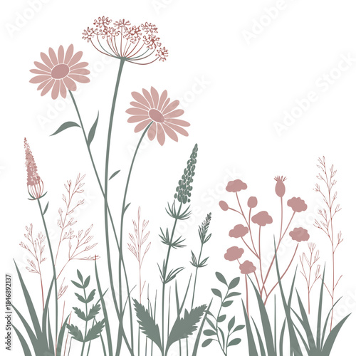 Minimalist prairie wildflower field pink green plants