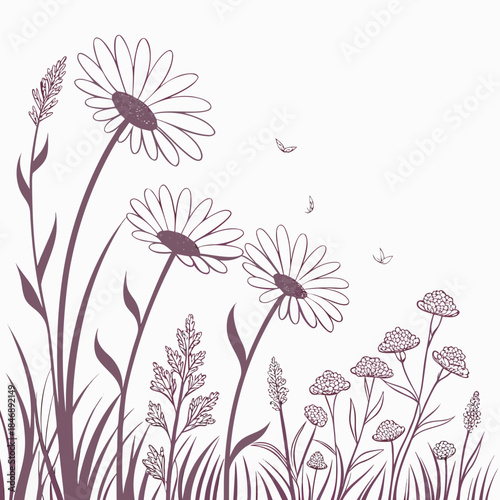 Minimalist prairie wildflowers and grasses in purple on white