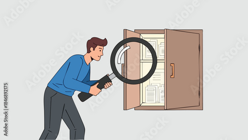 Man diligently searching through documents in an open cabinet with a magnifying glass for informational graphic representation