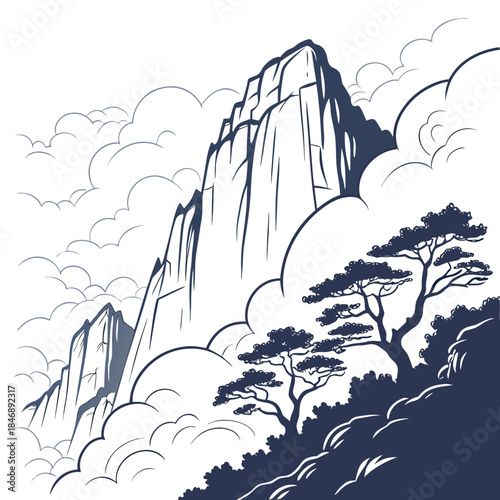 Mountain cliffs partially covered in fog flat trees 1