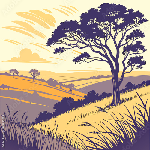 Purple tree on yellow prairie at sunset golden glow