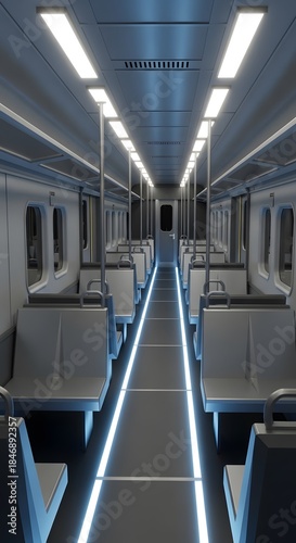 Modern Train Interior with Blue LED Lights and Empty Seats.