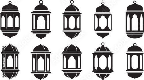 Ten black islamic lantern icons set vector