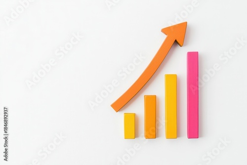 Colorful bar chart displaying increasing financial growth, business success, and market performance, with a rising orange arrow indicating positive progress, investment gains, and upward trend