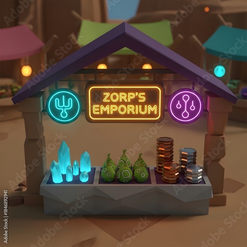 Whimsical Fantasy Market Stall with Glowing Crystals and Exotic Produce.