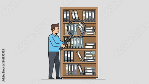 Man examining file cabinet contents with magnifying glass representing detailed search and analysis in an organized workspace