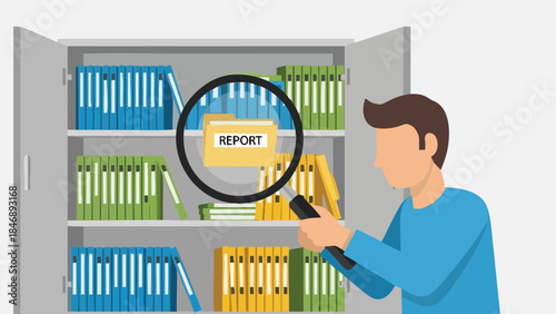 Person examining office report in a filing cabinet with a magnifying glass for efficient data management and retrieval process