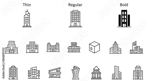 building,architecture,icons,city,urban,real,estate,office,house,skyscraper,construction,property,outline,thin,regular,bold,vector,set
