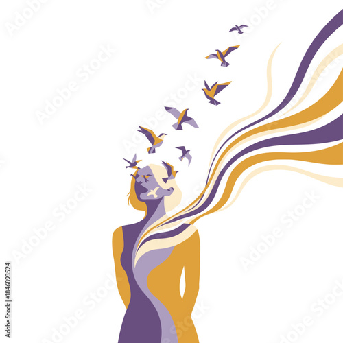 Abstract illustration of woman releasing birds representing freedom