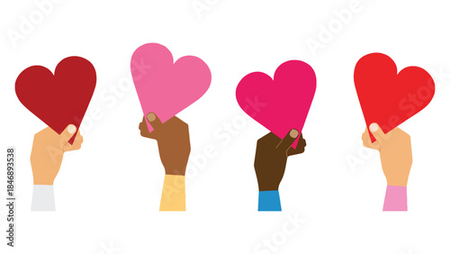 Diverse hands holding colorful heart shapes