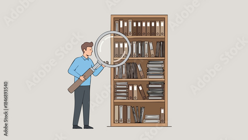Man inspecting archived files on a wooden bookshelf using a magnifying glass to find specific information