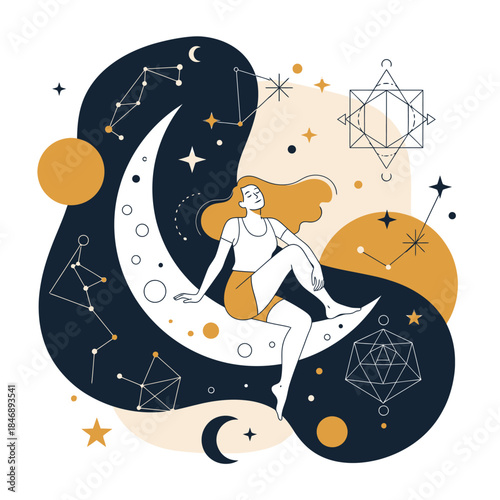 Celestial illustration of woman sitting on crescent moon, stars, and symbols