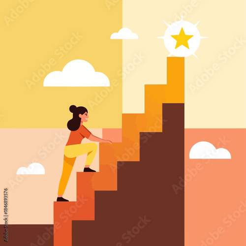 Woman climbing career steps towards goal star illustration.