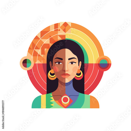 Indigenous woman portrait in vector style with colorful geometric halo.