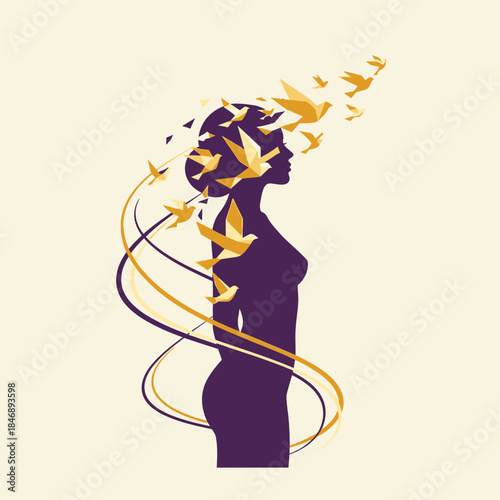 Abstract Silhouette of Woman Releasing Geometric Birds for Freedom
