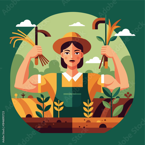 Female Farmer with Sickle and Wheat Flexing Muscles in Flat Design