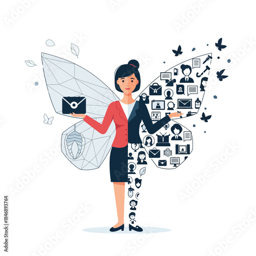 Businesswoman with wings showing digital communication and structural organization