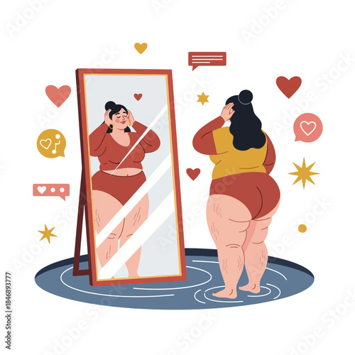 Plus size woman admiring her reflection in the mirror with confidence