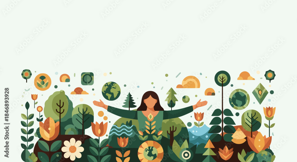 Fototapeta premium Flat illustration of a woman embracing nature and ecological elements.