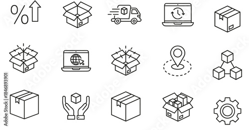 logistics,delivery,shipping,warehouse,package,box,transport,supply,chain,inventory,tracking,freight,courier,storage,ecommerce,distribution,outline,icons