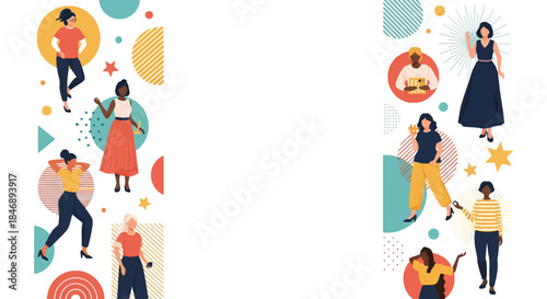 Diverse women standing and posing in a modern graphic vector frame