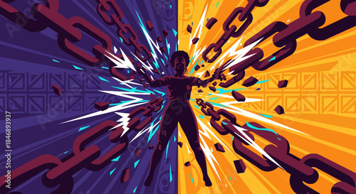 Powerful woman silhouette breaking iron chains, concept of freedom.