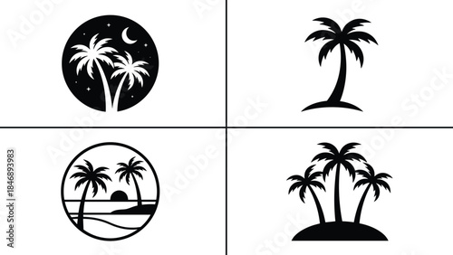 Palm tree silhouette collection, tropical island nature scenes, beach sunset night icons, exotic summer vector illustration set
