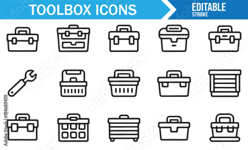 Workshop toolbox and tool carrier outline icons set