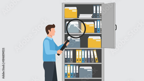 Man examines files in a cabinet using a magnifying glass to find specific information within an office archive documenting research or data