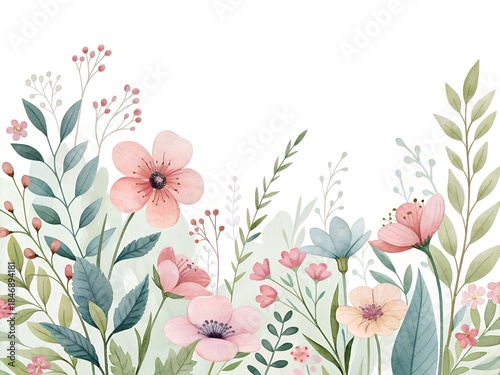 Watercolor Spring Floral Border on White Background