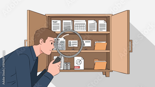 Businessman searching through files in an office cabinet for information discovery concepts