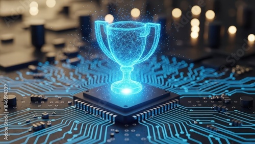 Glowing blue trophy on a computer chip symbolizing digital achievement