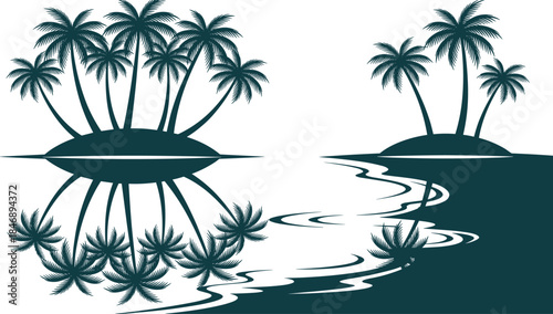 Tropical island palm trees silhouette reflection on water, peaceful lagoon landscape illustration, summer nature background