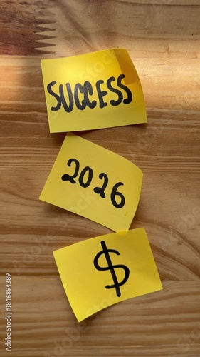 Business Success and Financial Goals for 2026 on Yellow Sticky Notes