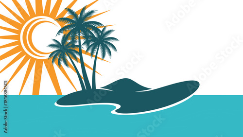 Tropical island with palm trees and sunrise, ocean waves illustration, summer vacation paradise landscape background