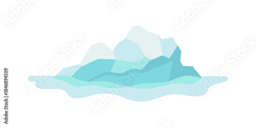 Stylized illustration of a large floating iceberg in shades of blue and white on a black background