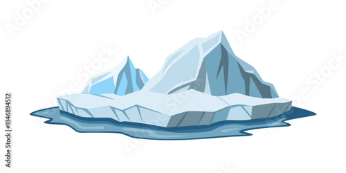 A stylized cartoon illustration of a large iceberg floating in cold blue water