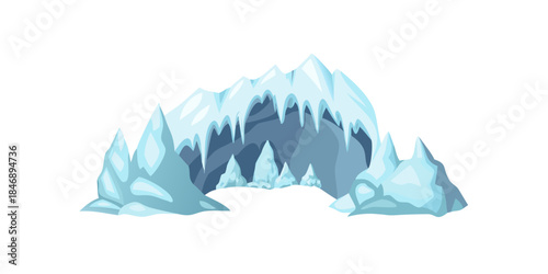 Cartoon ice cave entrance with sharp icicles and ice formations, winter landscape element