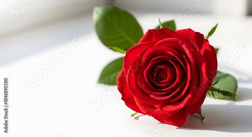 Vibrant red rose with green leaves on white surface