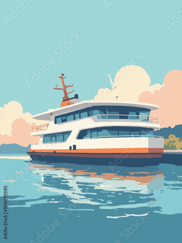 A stylized flat vector illustration of a modern ferry boat terminal with a large cantilevered flat roof. Clean lines, geometric forms, white, blue, and orange