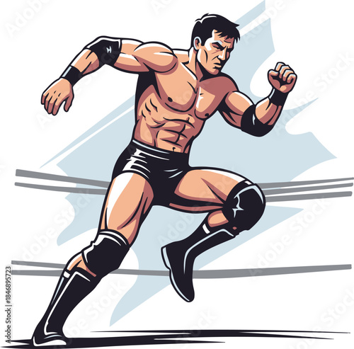 Dynamic vector of a wrestler sprinting forward with one arm reaching out, emphasizing speed, balance, and explosive movement. Suitable for tournament posters, motion graphics, sportswear prints