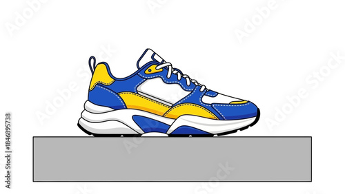 Vibrant blue and yellow sneaker on display pedestal