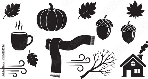Autumn season icons black silhouette collection
